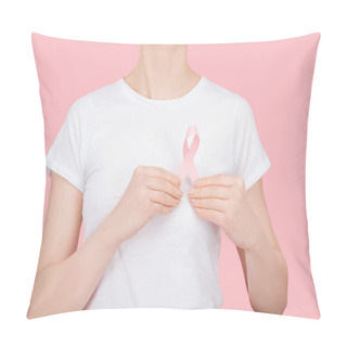 Personality  Partial View Of Woman In White T-shirt Holding Pink Breast Cancer Sign Isolated On Pink Pillow Covers