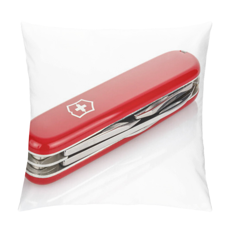 Personality  Moscow, Russia - May 15, 2020: Closed Red Victorinox Classical Swiss Pocket Foldable Knife Isolated On White Background With Reflection On Glossy Surface Pillow Covers