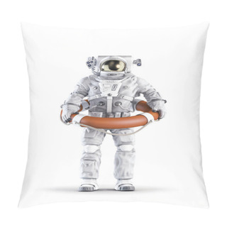Personality  Astronaut Needs Rescue / 3D Illustration Of Space Suit Wearing Male Figure Holding Orange Emergency Life Ring Isolated On White Studio Background Pillow Covers
