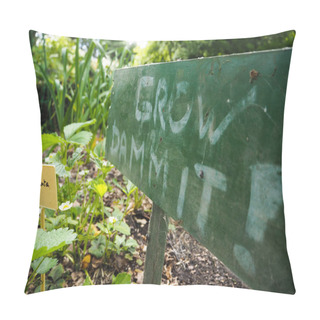 Personality  Growing Strawberries At Home In The Garden In Late Spring With A Sign Saying ' Grow Dammit!' Next To It As An Encouragement And Joke. Pillow Covers