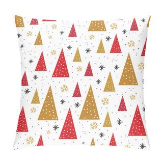 Personality  Abstract New Year Holiday Seamless Pattern In Vector. Geometric Forest. Christmas Trees And Snowflakes Gold And Red. Simple Minimalist Trees. Scandinavian Style. Huge. Pillow Covers