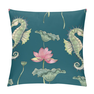 Personality  Seamless Pattern Of A Pair Of Seahorses, Lotus, Lotus Leaves  Pillow Covers