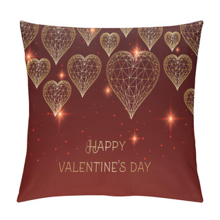 Personality  Happy Valentines Day Banner With Glowing Low Polygonal Golden Hearts On Red Background. Pillow Covers