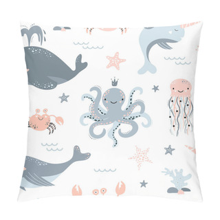 Personality  Cute Seamless Pattern With Whale, Narwhal, Octopus, Jellyfish, Starfish, Crab. Creative Kids Texture For Fabric, Wrapping, Textile, Wallpaper, Apparel. Vector Illustration. Pillow Covers