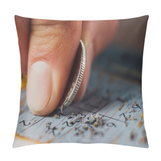 Personality  Close Up View Of Silver Coin In Hand Of Gambler Scratching Lottery Card Pillow Covers