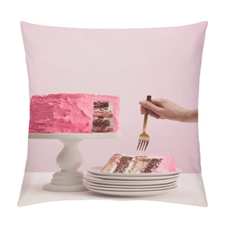 Personality  Cropped View Of Woman Holding Golden Fork Near Piece Of Sweet Birthday Cake In White Saucer On Pink Pillow Covers