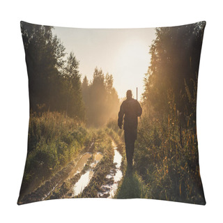 Personality  Vintage Hunter Walks The Forest Road. Rifle Hunter Silhouetted In Beautiful Sunset Or Sunrise. Hunter Aiming Rifle In Forest Pillow Covers