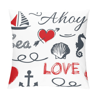 Personality  Seamless Nautical Pattern With Nautical Symbols (sailing Boat, Anchor, Waves, Seahorse, Seashell) And Red Hearts Decoration With Text Design On White Background Pillow Covers