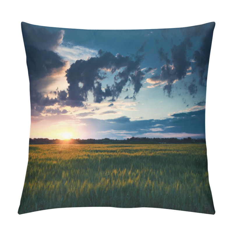 Personality  beautiful sunset in green field, summer landscape, bright colorful sky and clouds as background, green wheat pillow covers