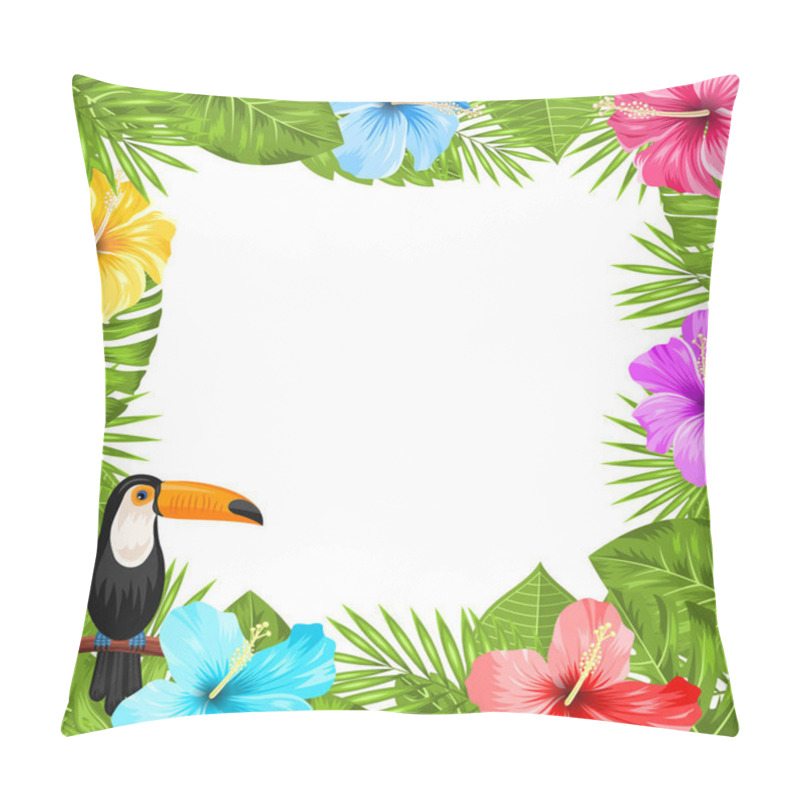 Personality  Exotic Jungle Frame with Toucan Bird, Colorful Hibiscus Flowers Blossom pillow covers