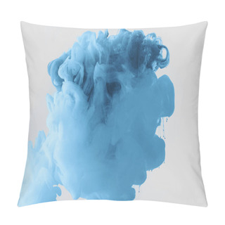Personality  Close Up View Of Mixing Of Bright Pale Blue And Blue Ink Splashes In Water Isolated On Gray Pillow Covers