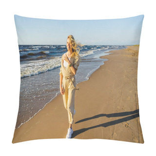Personality  Young Smiling Woman In Stylish Clothing Walking On Seashore On Summer Day Pillow Covers