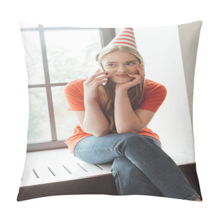 Personality  Happy Girl In Party Cap Sitting On Window Sill And Talking On Smartphone Pillow Covers