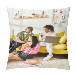 Personality  A Diverse Group Of Friends, Including Interracial Teenage Girls, Sit Together On A Vibrant Yellow Couch, Studying And Laughing. Pillow Covers