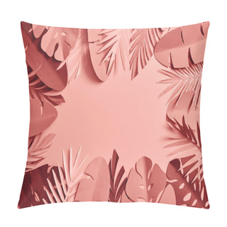 Personality  Top View Of Tropical Paper Cut Palm Leaves On Pink Background Pillow Covers