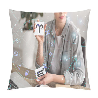Personality  Cropped View Of Astrologer Showing Cards With Zodiac Signs Beside Book, Laptop And Constellations Pillow Covers