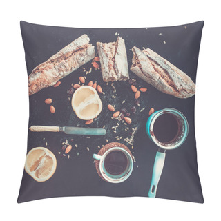 Personality  Rustic Breakfast Set Of French Baguette Broken Into Pieces, Grapefruit, Sunflower Seeds, Almonds And Coffee On Dark Pillow Covers