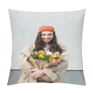 Personality  Stylish Woman In Beanie Hat And Trench Coat Holding Bouquet Of Flowers Near Grey Wall Pillow Covers