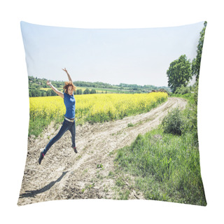 Personality  Joyful Caucasian Woman Is Jumping In Rapeseed Field Pillow Covers