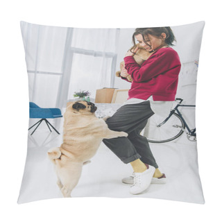 Personality  Attractive Young Girl Playing With Pugs In Stylish Room  Pillow Covers
