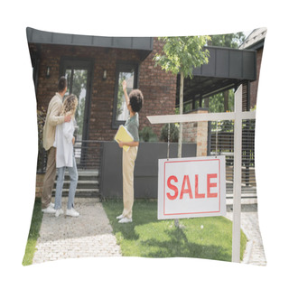 Personality  African American Real Estate Agent Showing House To Hugging Couple Near For Sale Signboard Pillow Covers