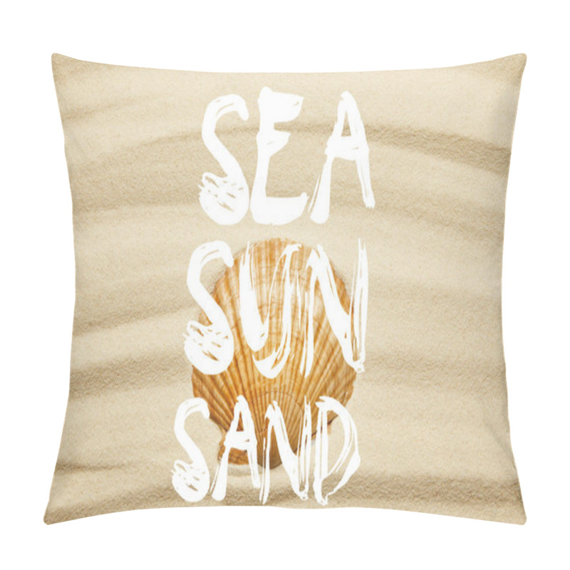 Personality  orange seashell on curve sandy beach in summertime with sea, sun and sand words pillow covers