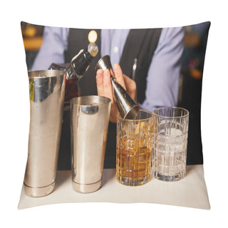 Personality  Cropped View Of Barman Holding Bottle Near Glasses With Alcohol Drinks  Pillow Covers