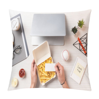 Personality  Cropped Shot Of Person Holding Blank Card Above Container With French Fries At Workplace Pillow Covers