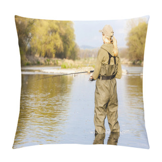 Personality  Woman Fishing In The River In Spring Pillow Covers
