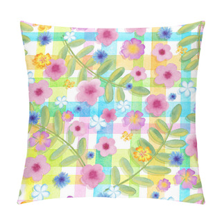 Personality  Seamless Flowers Cosmos On A Gingham Checks Yellow Colors.  Blue Flowers On Stripes Ornament. Watercolor Realistic Painting Pillow Covers