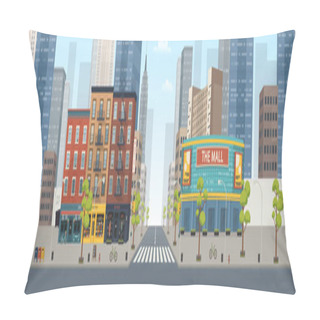 Personality  Panorama City Building Houses With Shops: Boutique, Cafe, Bookstore, Mall .Vector Illustration In Flat Style. Pillow Covers