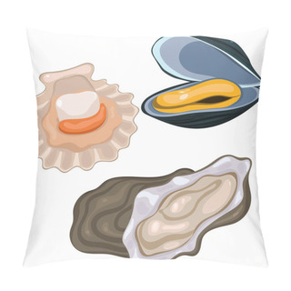 Personality  Seafood Collection. Scallop, Mussel And Oyster Isolated On White Background. Vector Graphics. Pillow Covers