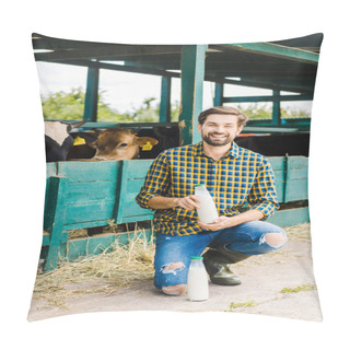 Personality  Happy Farmer Squatting Near Stable With Cows And Holding Bottle Of Milk Pillow Covers