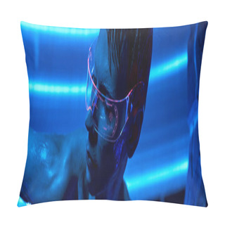 Personality  Futuristic Science Concept, Cosmic Alien In Goggles In Neon-lit Innovative Science Center, Banner Pillow Covers