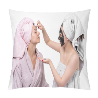 Personality  The Girl Puts Her Sister A Cosmetic Mask On Her Face. They Have Fun And Indulge In The Process. Empty Background, Great Mood. Facial Skin Care. Sisters. Pillow Covers