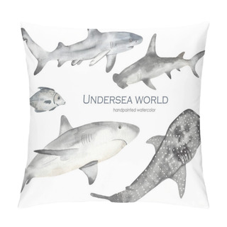 Personality  Watercolor Set Underwater World With Marine Predatory Fish Sharks, Hammerhead Fish, Whale Shark Pillow Covers