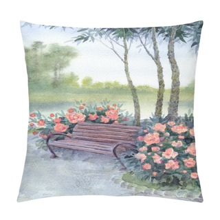 Personality  Watercolor Landscape. Park Bench By The Bushes Pions Pillow Covers