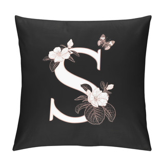 Personality  Letter S, Flowers Flowering Sakura Branches And Butterfly Isolated. Vector Decoration. Black, White And Gold. Vintage Illustration. Floral Pattern For Greetings, Wedding Invitations, Text Design. Pillow Covers
