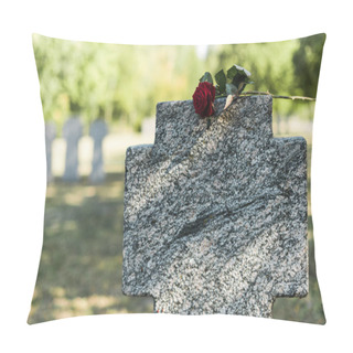 Personality  Red Rose On Concrete Tombstone In Cemetery  Pillow Covers