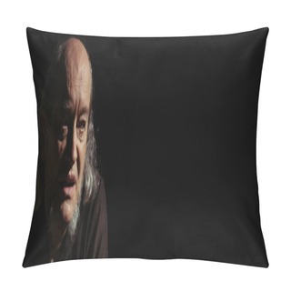 Personality  Portrait Of Medieval Bearded Monk Looking Away Isolated On Black, Banner Pillow Covers