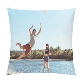 Personality  Friends Playing Volleyball On Sandy Beach Pillow Covers