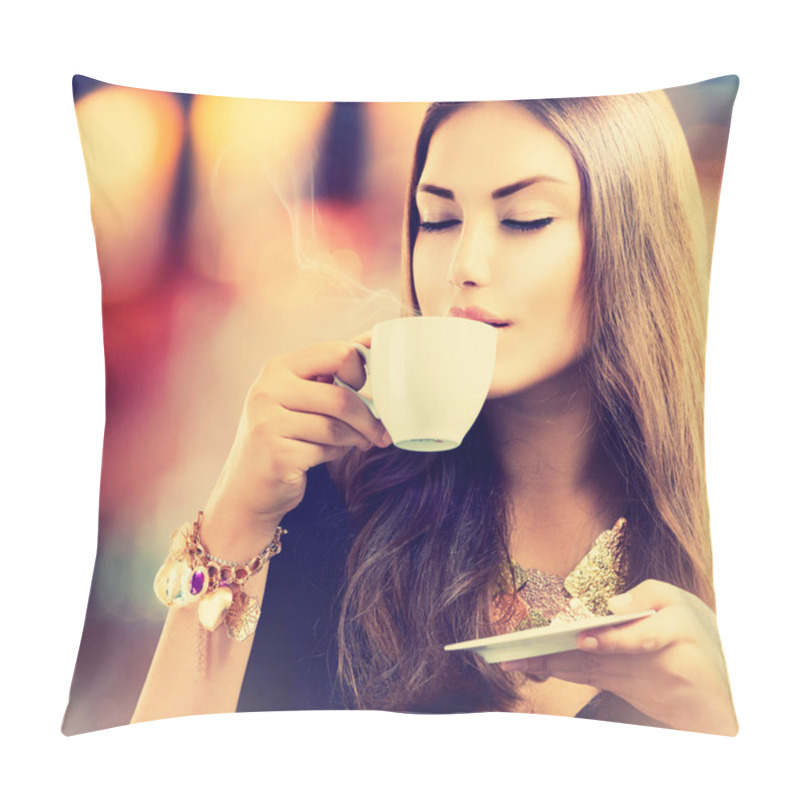 Personality  Coffee. Beautiful Girl Drinking Tea or Coffee pillow covers