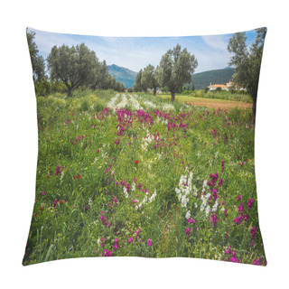 Personality  Field Of Colorful Spring Flowers In Schinias, Greece Pillow Covers