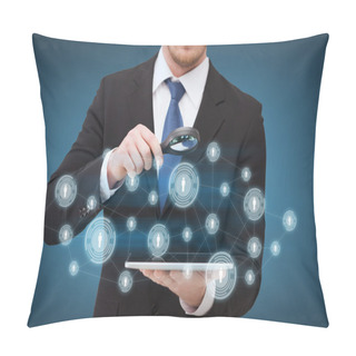 Personality  Businessman Hand Holding Magnifier Over Tablet Pc Pillow Covers