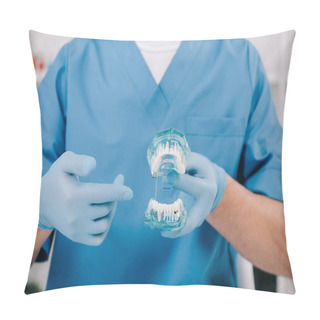 Personality  Cropped View Of Orthodontist Pointing With Finger At Jaw Model In Clinic Pillow Covers