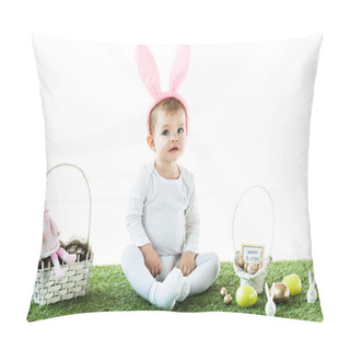 Personality  Cute Baby In Bunny Ears Headband Sitting Near Straw Baskets With Easter Colorful Eggs And Decorative Rabbits Isolated On White Pillow Covers