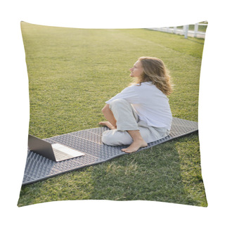 Personality  Long Haired Man Sitting In Sage Pose Near Laptop And Looking Away On Yoga Mat On Green Field Pillow Covers