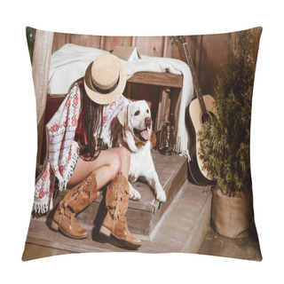 Personality  Woman In Boho Style With Dog Pillow Covers