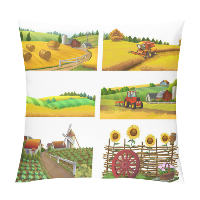Personality  Farm, rural landscape, vector set pillow covers