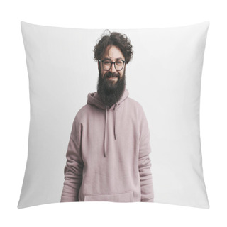 Personality  Confident Bearded Man With Curly Hair And Glasses Wearing A Mauve Hoodie, Looking At The Camera With A Friendly Smile Pillow Covers